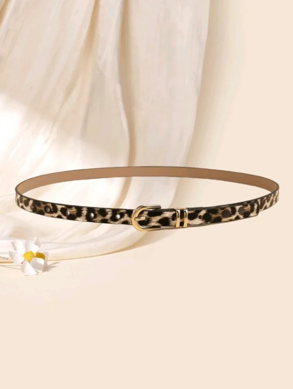 Leopard Print Vegan Leather Skinny Belt with Golden Buckle